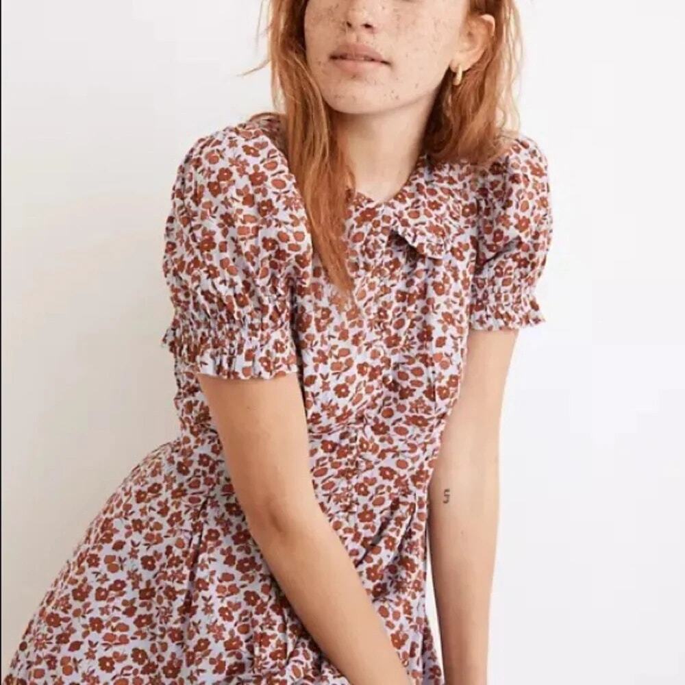 Madewell Piccola Floral Dress Collared Puff Sleeve Cottagecore Boho Blue Size 4